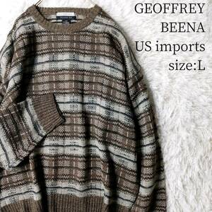 【一点物・US古着アメリカ輸入】GEOFFREY BEENE 長袖ニット セーター Lサイズ 総柄 ブラウン 茶色 ジェフリービーン