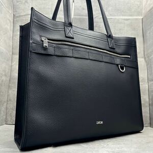 1円■極美品■ Dior ディオール メンズ オブリーク サファリ トートバッグ ビジネスバッグ A4◎ 大容量 肩掛け 現行 レザー 革ブラック 黒