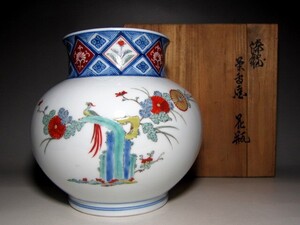 十二代 酒井田柿右衛門 染錦菊鳥画花瓶 美しい景色の逸品　　　　　e280