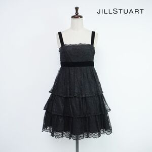 美品 JILLSTUART ジルスチュアート パニエ 総レース ティアードキャミソールワンピース 膝丈 レディース 黒 ブラック サイズM*QC352