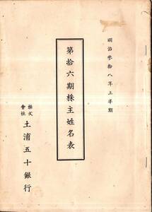 ※第拾六期株主姓名表　明治参拾八年上半期　株式会社土浦五十銀行　土屋正直・尾形徳兵衛・宮本藤兵衛・笹井慎次郎・一色範叙等　茨城金融