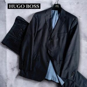 美品☆HUGO BOSS セットアップスーツ 最高級ヴァージンウールsuper130 ストライプ柄 総裏地 2B 黒スーツ ヒューゴボス 50 秋冬 1円