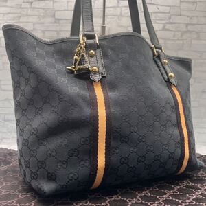 【美品】GUCCI グッチ メンズ トートバッグ ビジネスバッグ 仕事鞄 肩掛け シェリーライン GGキャンバス レザー 本革 A4◎ ブラック 黒