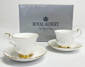 ROYAL ALBERT ロイヤルアルバート カップ＆ソーサー2客 箱 栞付き 白 ホワイト アイボリー 金縁 無地 シンプル 洋食器