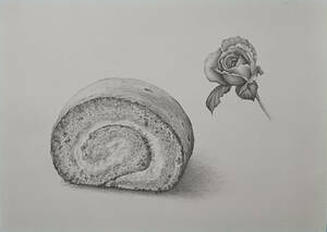 鉛筆画 真作 「ロールケーキと薔薇 Pa-Roll-1」 九利多 祐志 作 サイズ A4 h210 x w 297 mm※額縁は付いていません。