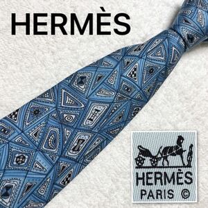 HERMES エルメス　ネクタイ　現代美術風　総柄　シルク100% ブルー　ビジネス