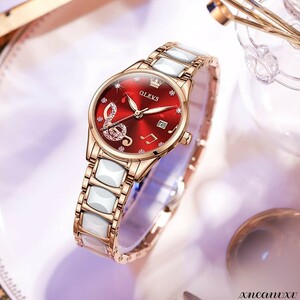 高品質な 腕時計 レッド ブレスレット付き レディース 夜光 クオーツ セラミック おしゃれ アナログ 女性 腕時計 ウォッチ プレゼント