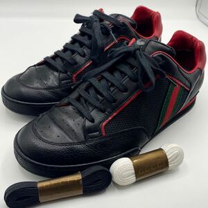 極美品●GUCCI グッチ スニーカー シューズ 靴 レザー 本革 ローカット シェリーライン テニス スポーツ 26.5cm 83 黒 ブラック メンズ