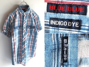 ネコポス対応 BLUE BLUE ブルーブルー INDIGO DYE ロゴピスネーム コットンリネン 半袖 チェックシャツ 1/S ライトインディゴ ハリラン HRM