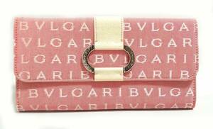 未使用 ブルガリ 長財布 ロゴマニア ピンク ホワイト キャンバス レザー 財布 三つ折り レディース BVLGARI