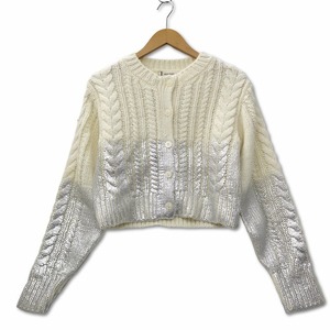 未使用品 マウジー MOUSSY FOIL PRINT CABLE CARDIGAN ケーブルニット カーディガン F ホワイト × シルバー レディース