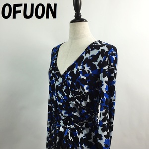 【人気】OFUON/オフオン 長袖ワンピース 膝丈 Vネック 総柄 ブルー系 サイズ40 レディース/S3832