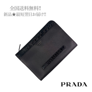 I484.. PRADA プラダ ドキュメントホルダー サフィアーノ レザー x リアルクロコダイル ビジネス ロゴ ★ ブラック