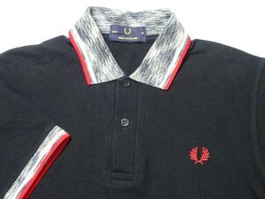 ★イングランド製♪フレッドペリー★ライン入りポロシャツ36/91CM黒FRED PERRY UK半袖シャツモッズMODSブラックメンズ