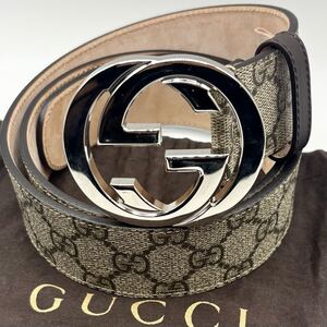 ①1円〜【未使用に近い】GUCCI グッチ ベルト インターロッキング ダブルG GGスプリーム メンズ シルバーバックル