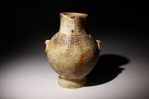 ☆寒椿☆玉製壺　古代文様　高さ約20.6cm　(検)双耳 古代文字 白玉 古玉 壺 花器 花瓶 唐物 中国美術 古美術