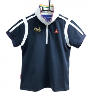 ルコック 半袖ハイネックシャツ ダークネイビー×白 ハーフジップ ストレッチ レディース L ゴルフウェア le coq sportif