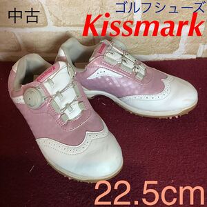 【売り切り!送料無料!】A-205 Kissmark!ゴルフシューズ!22.5cm!ピンク×ホワイト!ソフトスパイク!スパイクシューズ!ダイヤル式!ゴルフ!中古