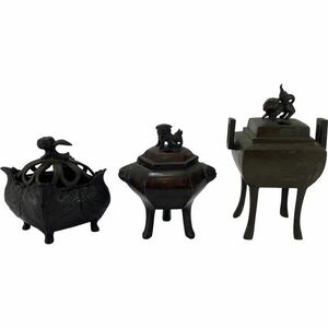 【香炉3個セット】 香道具 銅製 獅子香炉 古美術 骨董品 コレクション保管品（U）