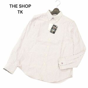 【新品 未使用】 THE SHOP TK タケオキクチ 抗菌防臭 長袖 ストライプ コットン カジュアル オックス シャツ Sz.M　メンズ　C4T01026_2#C