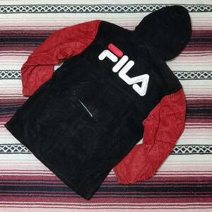 90’sヴィンテージ◎【FILA】フィラ スエード本革×コットン素材 ロゴ刺繍入り スポーツ コート 赤黒 ジャケット メンズ サイズM/Y11343j