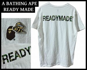 ■ A BATHING APE アベイシングエイプ × READY MADE レディメイド 刺繍 ロゴ グリーン カモフラ 迷彩 ロゴ プリント 半袖 Tシャツ 白 M