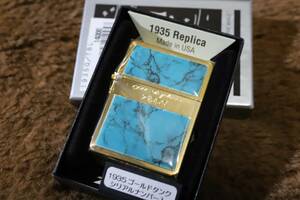 【限定ZIPPO】1935 レプリカ ターコイズパネル シリアルナンバー0070 激レアジッポー プレゼント 希少ジッポー 限定ジッポー 金タンク 金