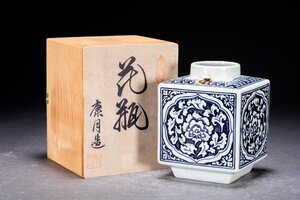 【善古堂】某有名オークション買入 時代物 京焼 鈴木康月造 染付き 花瓶 共箱 花入 花生 和風インテリア 骨董品 古美術1125-469S01