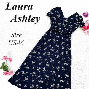 Laura Ashley ローラアシュレイ 花柄 ウエストリボン ロングワンピース バックボタン ネイビー Aライン ワンピ USA6 M相当