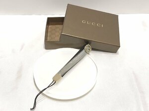 ■【YS-1】 グッチ GUCCI ■ レザー ストラップ ■ グレー系 × ゴールド系 全長約10cm ■ 箱有 イタリア製 【同梱可能商品】■D