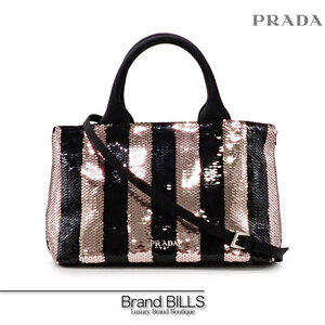 未使用品 PRADA プラダ カナパ ミニ ハンドバッグ ショルダーバッグ 2way 1BA038 サテン スパンコール ブラック ピンク系 シルバー金具