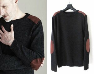 AKM wool/cow army knit L シェットランドウール ニット レザー エルボーパッチ ショルダーパッチ チャコール