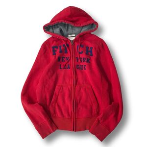 《良品◎》Abercrombie&Fitch アバクロンビー&フィッチ★ワッペン*ビッグロゴ*フーデットジップアップパーカー*レッド*L(MW4256)◆S80