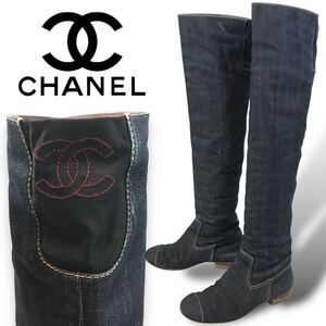 t110 希少 CHANEL シャネル ココマーク デニム ロングブーツ ニーハイブーツ Vintage ヴィンテージ 36 イタリア製 正規品 レディース レア