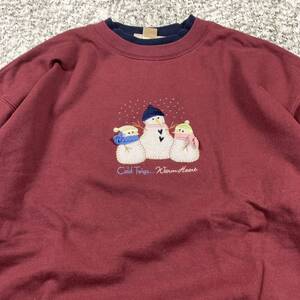 【90sオールド】雪だるま刺繍デザイン　ビンテージスウェットトレーナー　えんじ色　Lサイズ 古着　スパンコール