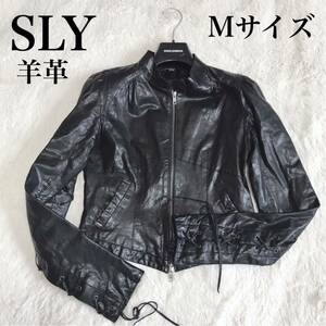 SLY スライ 袖 編み込み 羊革 レザージャケット ライダースジャケット 黒