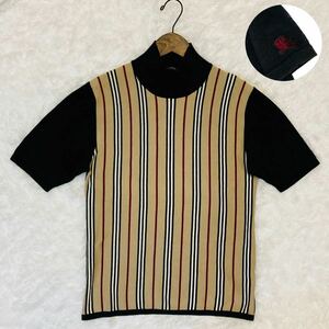 バーバリーブラックレーベル【ノバストライプ】半袖 ニット ホース刺繍 ハイネック Tシャツ カットソー 春夏 M(2) BURBERRY BLACK LABEL