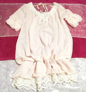 桜ピンク白レースネックシフォンネグリジェチュニックワンピース Cherry pink white lace neck chiffon negligee tunic dress