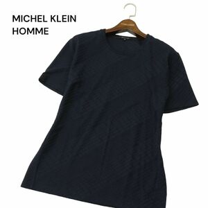 美品★ MICHEL KLEIN HOMME ミッシェルクラン オム チェック デザイン 半袖 カットソー Tシャツ Sz.48　メンズ 紺 日本製　A4T04627_4#D