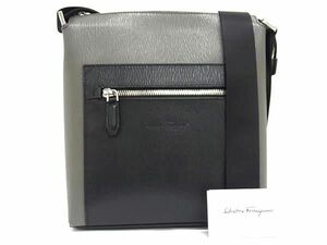 1円 ■極美品■ Salvatore Ferragamo フェラガモ レザー ショルダーバッグ クロスボディ 斜め掛け メンズ グレー系×ブラック系 FE2944