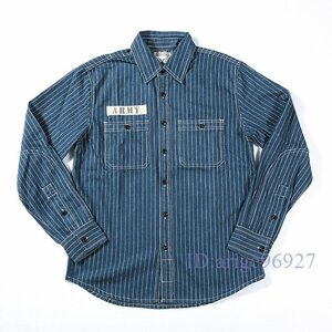 Y855☆新品ヴィンテージ ワーク コットンピンストライプデニム長袖シャツ　ダンガリーアメカジ レト work shirt　Ｓ～XL グレーブルー