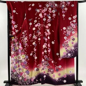 振袖 身丈160cm 裄丈68cm L 袷 花籠 桜 箔 金彩 茜色 正絹 名品 【中古】