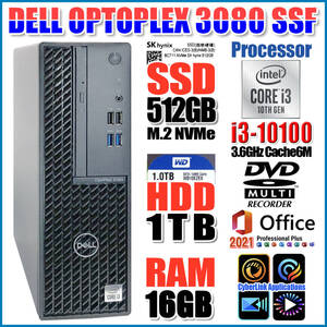 ★OptiPlex 3080★第十世代 i3-10100/SSD 512GB NVMe/HDD 1TB/メモリ 16GB/DVDスーパーマルチRW/Wi-Fi/Office2021Pro★C-38