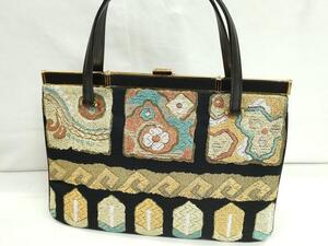 平和屋着物●和装小物　和装バッグ　ハンドバッグ　刺繍　吉祥花文　本皮　金銀糸　黒地　逸品　CAAJ1717ju