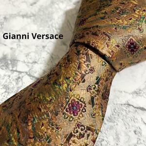 1円　激レア Gianni Versace ジャンニヴェルサーチ　ブランドネクタイ シルク100％ 入手困難　絹　オレンジ　花柄　メデューサ