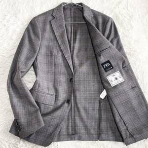 1円〜【希少ITALIAN WOOL】ZARA ザラ テーラードジャケット グレンチェック 50 XLサイズ 2B サイドベンツ ウール グレー ブラウン