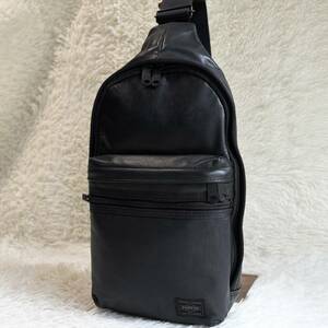 1円〜 美品◎ PORTER ALOOF スリング ショルダーバッグ ワンショルダー ボディバッグ ポーター アルーフ ブラック 黒 オールレザー 本革◎