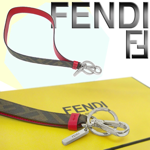 【超美品 ほぼ未使用】 フェンディ FENDI バッグハンドル ストラップ キーリング キーホルダー レザー ズッカ ロゴ ブラウン レッド 箱付