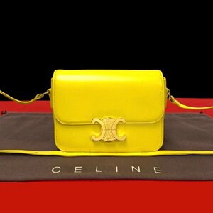 ほぼ未使用 希少品 CELINE セリーヌ ティーントリオンフ ロゴ 金具 カーフ レザー 本革 ミニ ショルダーバッグ ポシェット イエロー 33023