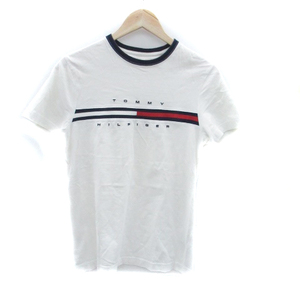 トミーヒルフィガー TOMMY HILFIGER Tシャツ カットソー ラウンドネック 半袖 刺繍 S オフホワイト 紺 ネイビー /HO45 メンズ